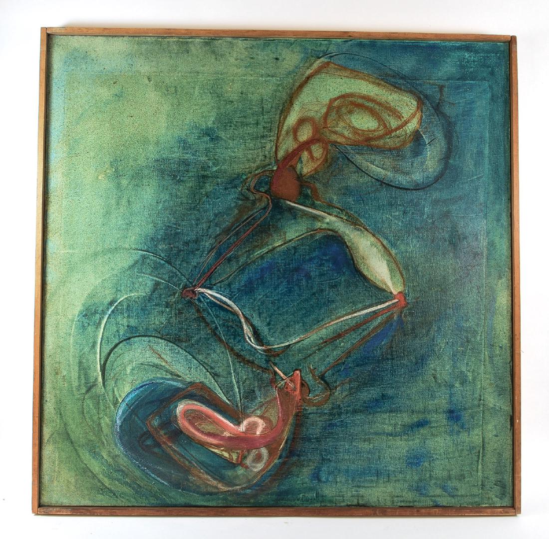 BARBARA BORCK-HART MID-CENTURY ABSTRACT PAINTING: "DANCE REFLECTION", 1974. Oil on canvas, signed lower right and title, signed, and dated on the verso. Dimensions: (Frame) H 37" x W 37", (Canvas) H 36" x W 36" Condition: Some scuffs, scratches, and 