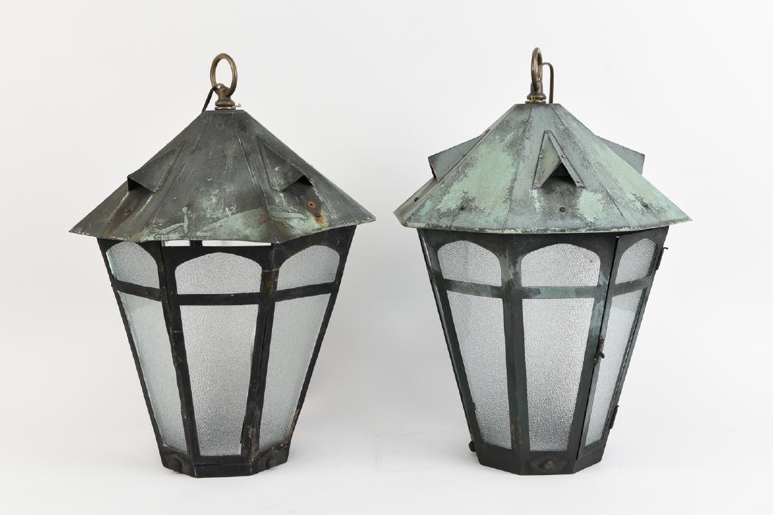 PAIR OF OUTDOOR HANGING VERTIGRIS PATINA LANTERNS (1 of 10)