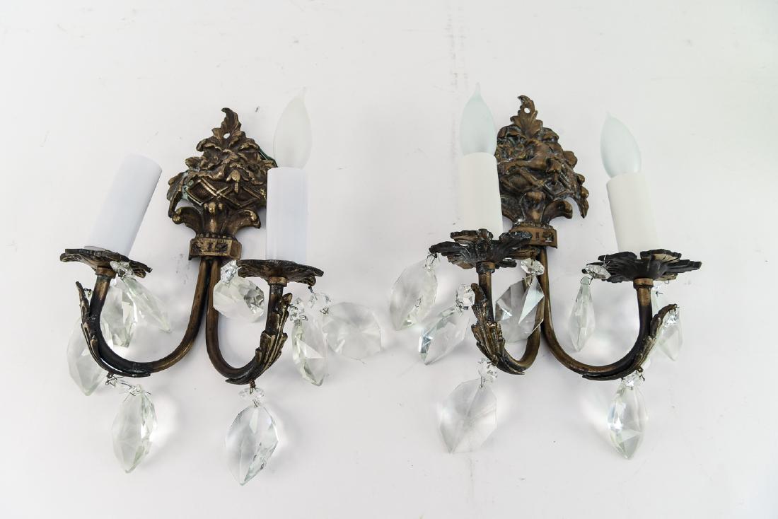 PAIR BRASS & DROP CRYSTAL WALL SCONCES (1 of 8)