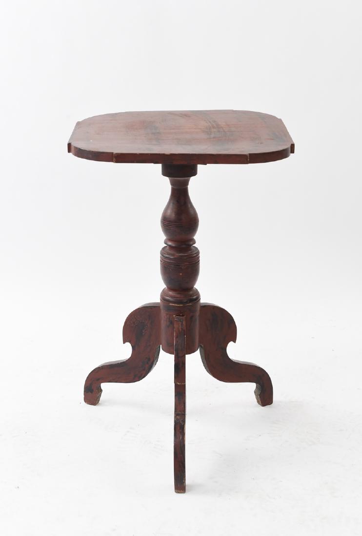 THREE LEG SIDE TABLE: Dimensions: H 28.75" x W 18" x D 16.25" Condition: Top is unstable. Paint loss. Nicks, dings, and losses throughout.