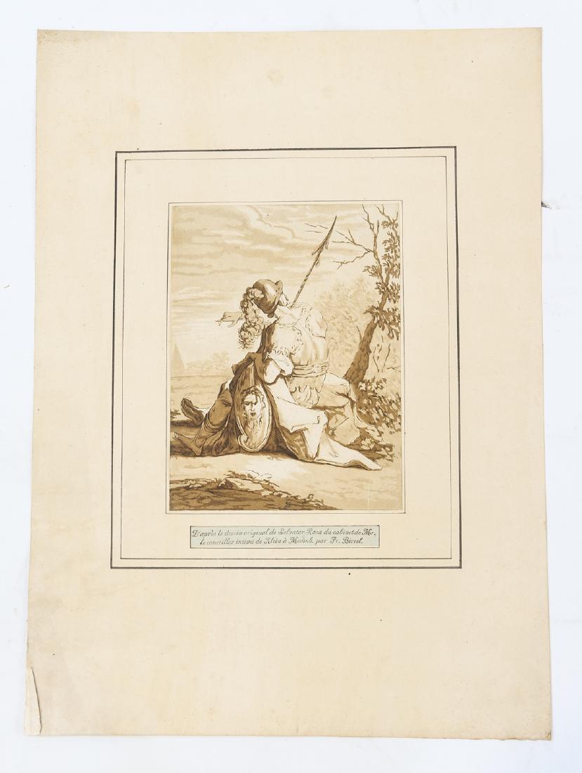 ATTR. SALVATOR ROSA (ITALY 1615-1675): Untitled (Roman Soldier.) Color lithograph on paper. Dimensions: (Paper) H 23" x W 16.5", (Image) H 10" x W 7.25'' Condition: Some surface dirt, has small holes and a repair to the print lower right s