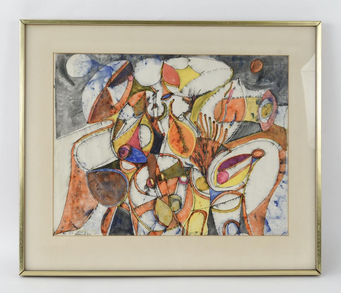 SIGNED ABSTRACT WATERCOLOR AND INK PAINTING (1 of 9)