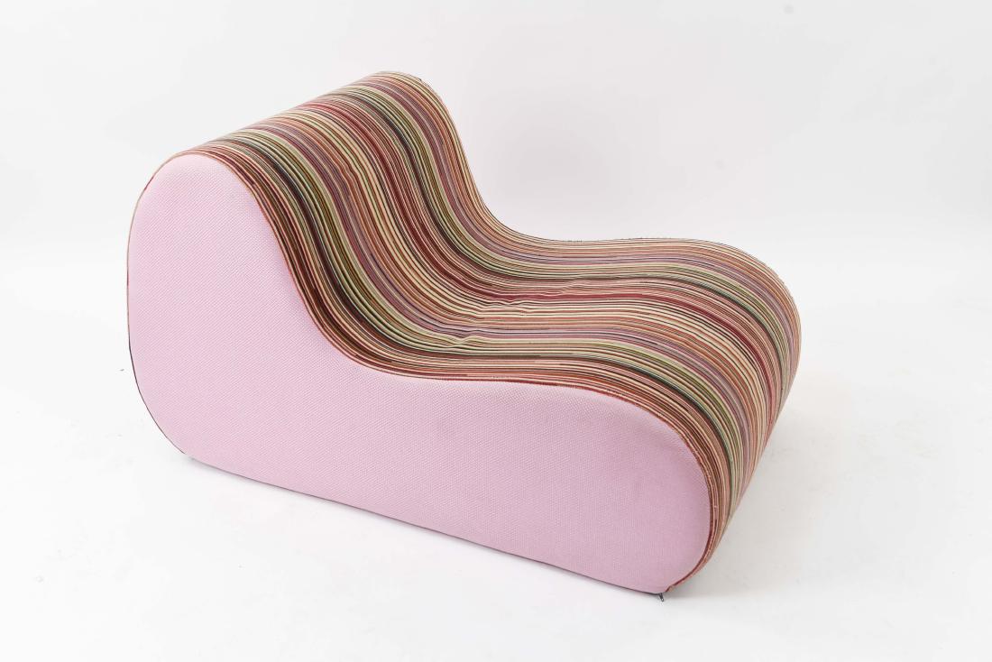 MISSONI LOUNGE CHAIR: In striped Missoni fabric with Missoni Home label. Dimensions: H 25" x W 25" x D 42" Condition: Minor fraying and soiling to upholstery.
