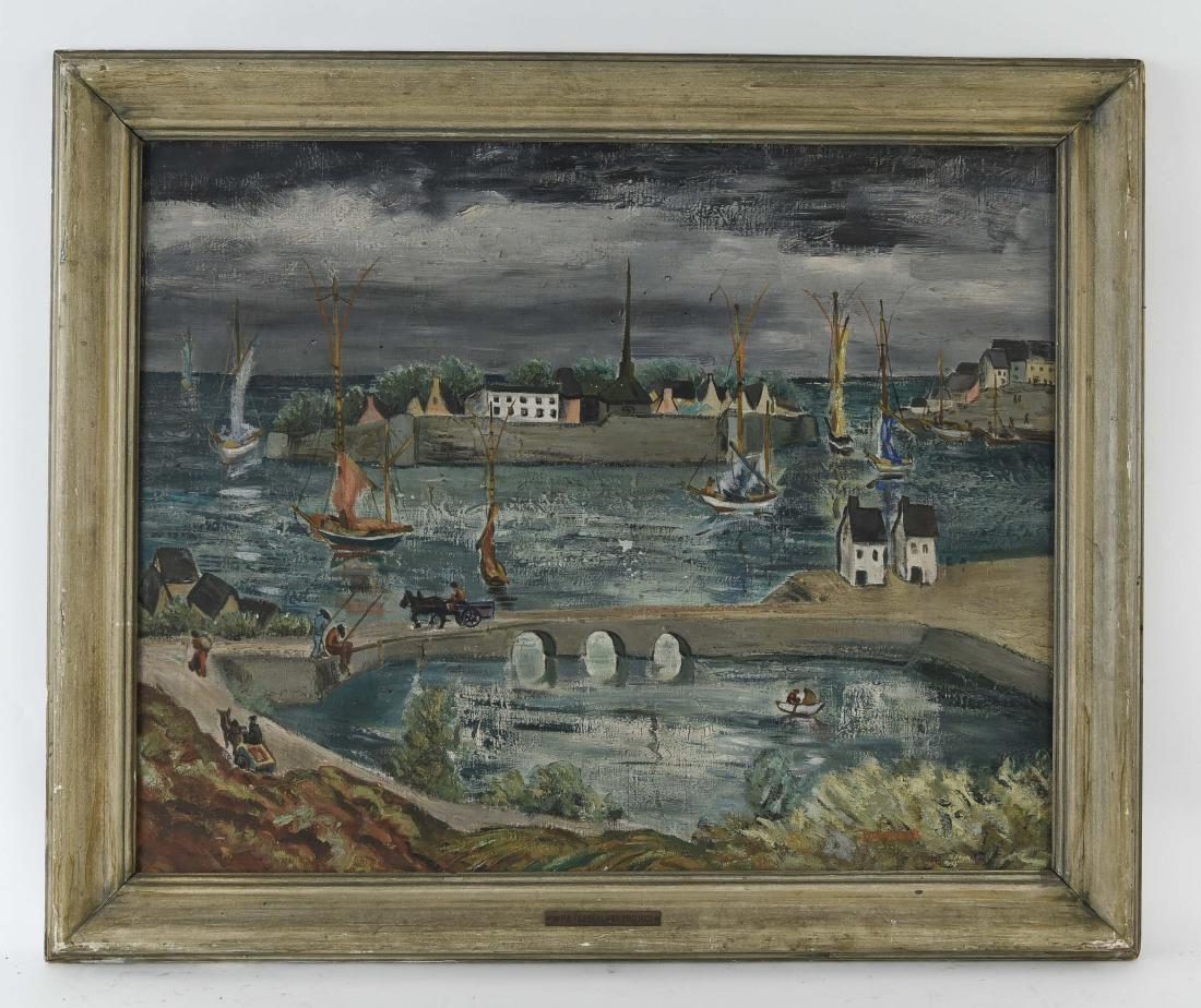 K. DOWNER VILLAGE O/C PAINTING: Oil on canvas, frame has plate reading "WPA federal art project." Dimensions: H 29.5" x W 35.5" x D 2" Condition: Wear to frame, few tears and pokes to canvas.
