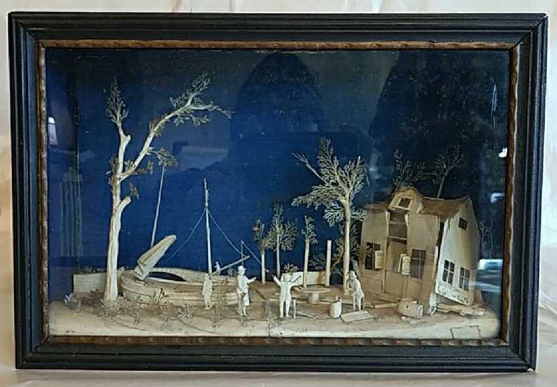 19TH C. CARVED BONE SHADOW BOX DIORAMA: Dimensions: H 9" x W 13.25" x D 3.75" Condition: Box shows wear, backing is loose, pieces inside are loose, some show repairs with glue.