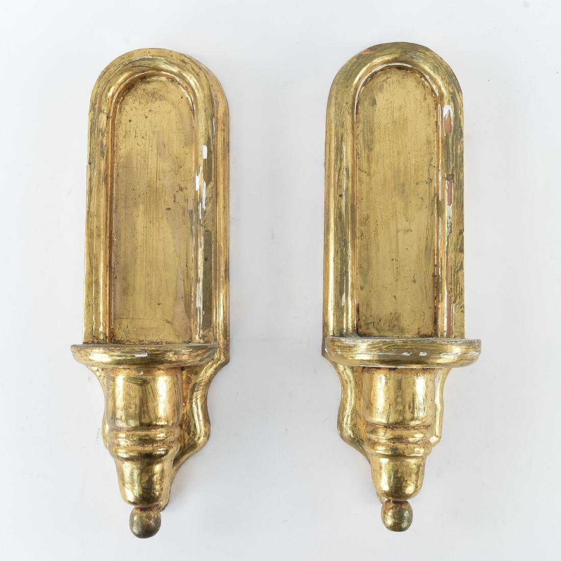 PAIR OF GILT WOOD CANDLE HOLDER SCONCES: Dimensions: H 16.5" x W 5.75" x D 5" Condition: Losses and chipping to gilding. Finish loss.