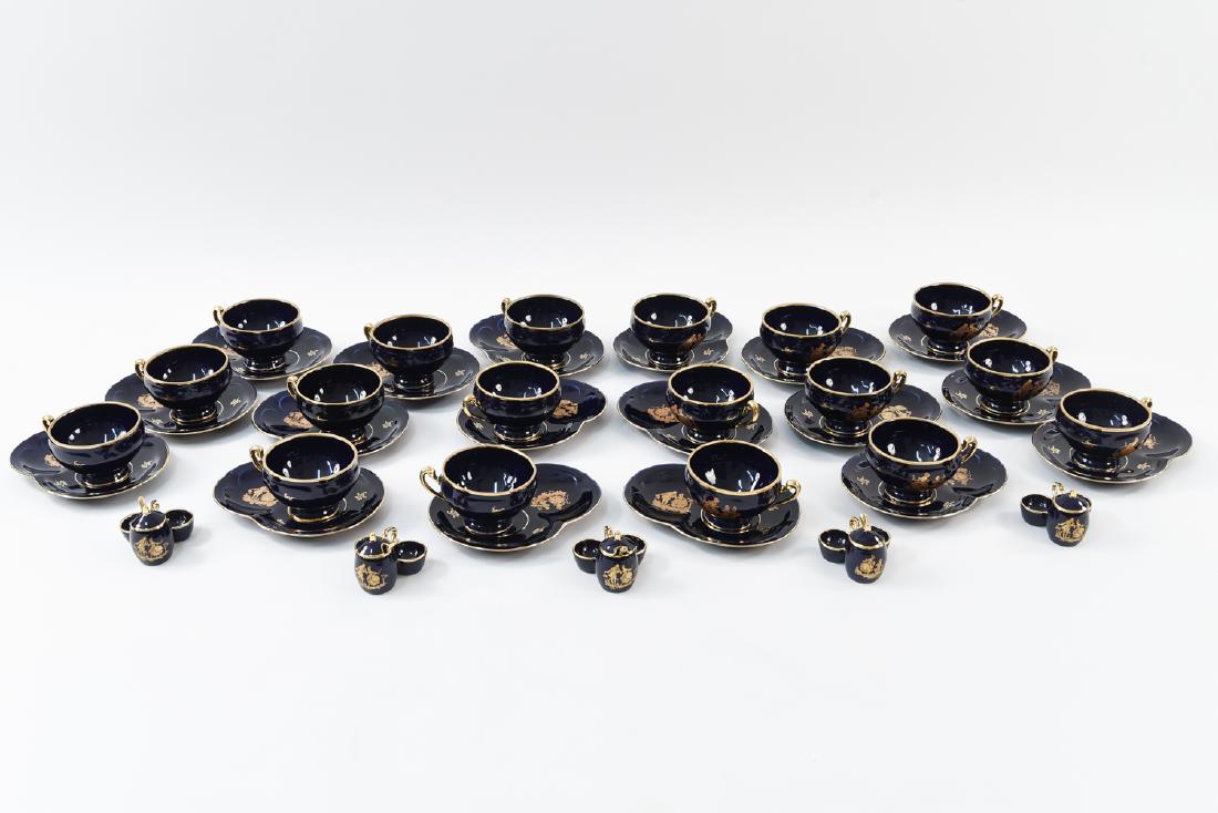 LIMOGES FRANCE TEA SERVICE FOR 18: Includes: (18) teacups, (18) saucer plates, and (5) condiment servers. Dimensions: (Saucer) H 1" x W 8.5" x D 6.5" Condition: One condiment jar missing spoon. Few small chips. Some loss to gilding.