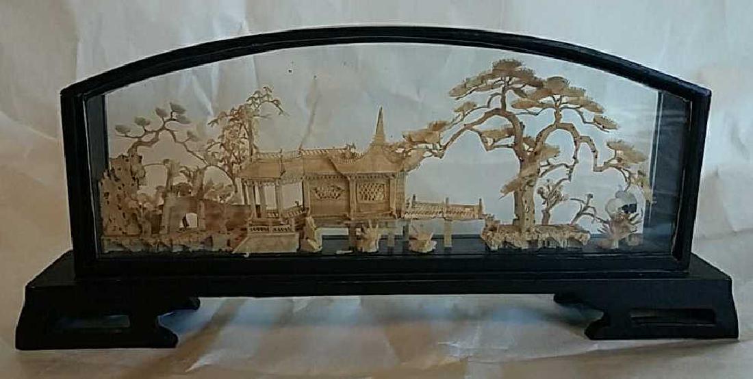 CARVED CORK CHINESE DECORATION DIARAMA: Dimensions: H 4.75" x W 10.75" x D 1.5" Condition: Minor paint loss to outside, one piece of glass slightly loose.