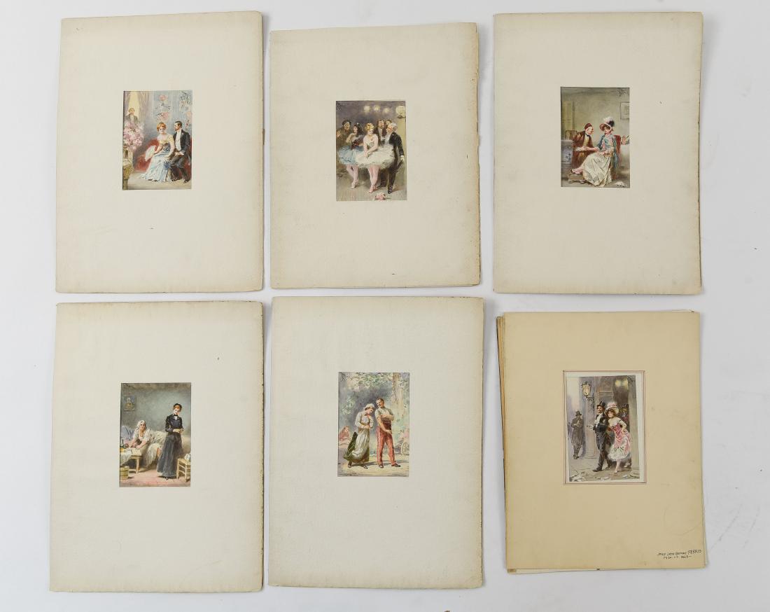 (6) JEAN LEON GEROME FERRIS WATERCOLORS: All signed to upper corners. One marked on mat: Jean Leon Gerome FERRIS, Phila. v.s. 1863-. Dimensions: (Mat) H 15.75" x W 11.75", (Sight) H 5.75" x W 3.75" Condition: Some yellowing, foxing, and wear