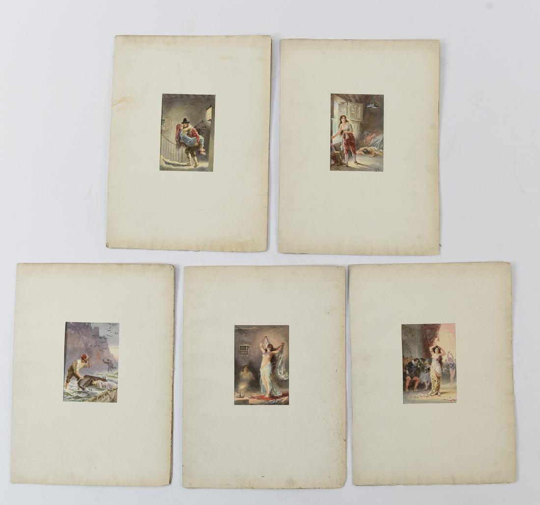 (5) JEAN LEON GEROME FERRIS WATERCOLORS: All signed to corners, Dimensions: (Mat) H 16" x W 11.5", (Sight) H 5.75" x W 3.75" Condition: Some yellowing, foxing, and wear to edges of mats.