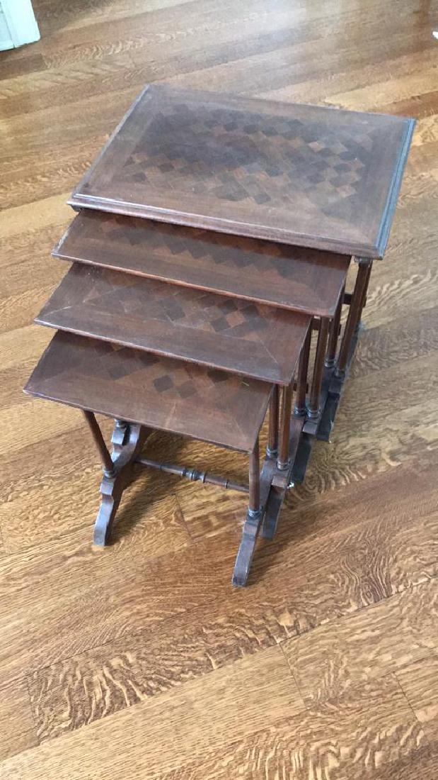 PARQUET INLAID NESTING TABLES: Set of 4 Dimensions H 24.5" x W 22" D 15" Condition: Showing signs of use largest top needs to be glued on