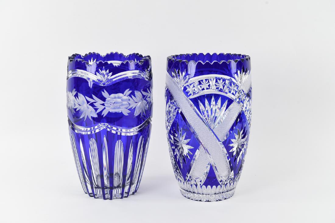 (2) LARGE BLUE & CLEAR CUT CRYSTAL VASES (1 of 9)