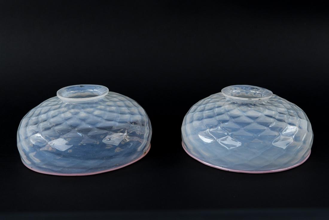 (2) ART GLASS SHADES: Dimensions: H 3" x Dia. 6.25" x Fitter dia. 2.5" Condition: Few small surface chips.