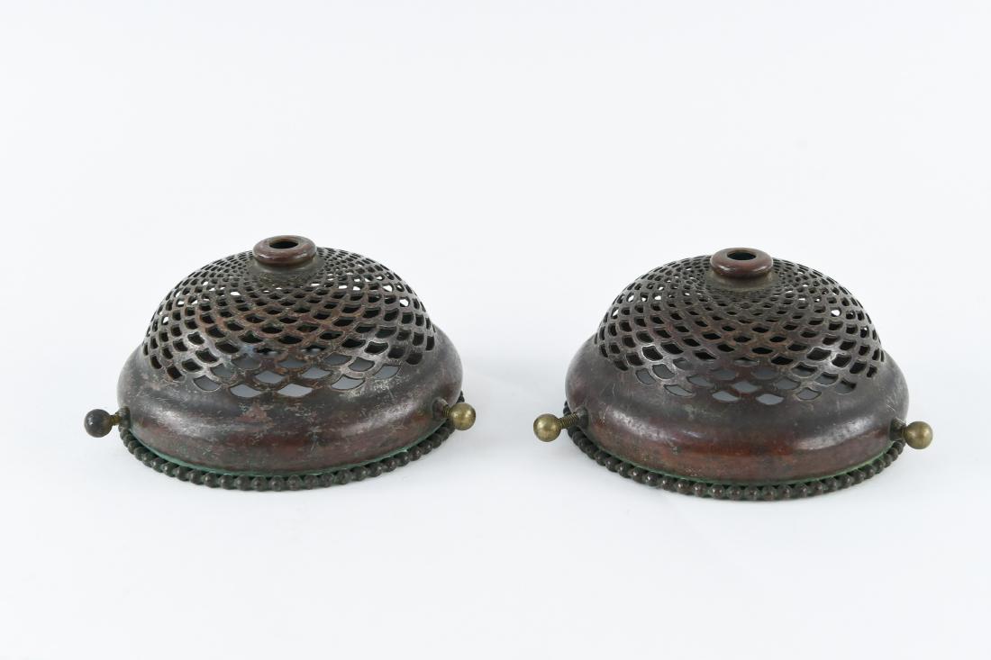 (2) TIFFANY STUDIOS BRONZE SHADE HOLDERS: Dimensions: H 3" x Dia. 5.25" Condition: Patina.