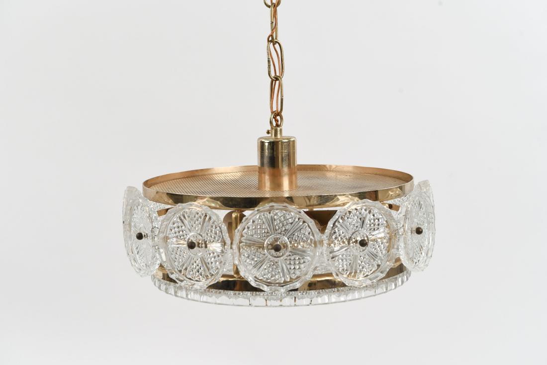 DANISH CRYSTAL & BRASS CHANDELIER BY ORREFORS: C. 1970s. Dimensions: H 8" x D 13.5" Condition: Light pitting.