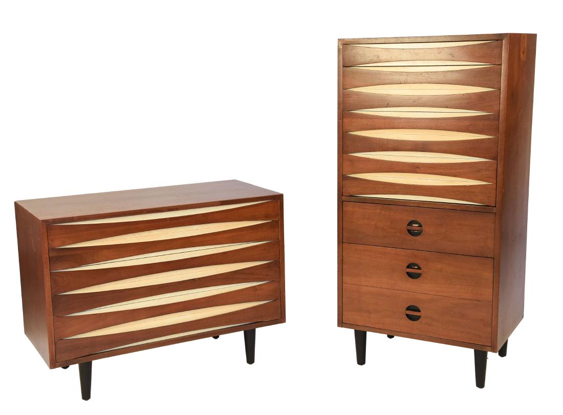 ARNE VODDER STYLE CABINET GROUPING: Tagged West Michigan Furniture Co, Holland MI inside drawer. Includes tall chest of drawers and low cabinet. Dimensions: Taller: H 50" x W 24" x D 17" Smaller: H 26.75" x W 36" x D 17" Condition: Smal