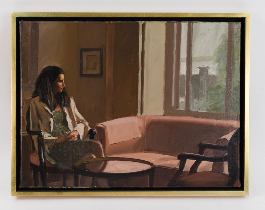 WILL COTTON (AMERICAN 1965- ) O/C: Unsigned with letter stating purchased in 1997 at sale at Cotton Loft NYC, painting depicts Will Cotton's wife on the coach during their honeymoon and Lake Como, accompanied by a check dated Dec 22, 1