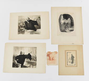 GROUPING OF FRENCH PRINTS ETC.: (5) pieces including two Pierre de Belay 1939 law aquatints, Honore Daumier newspaper lithograph, a drawing of a foot, etc. Dimensions: (Largest) H 14.75" x W 20.75" Condition: Generally toning, handl