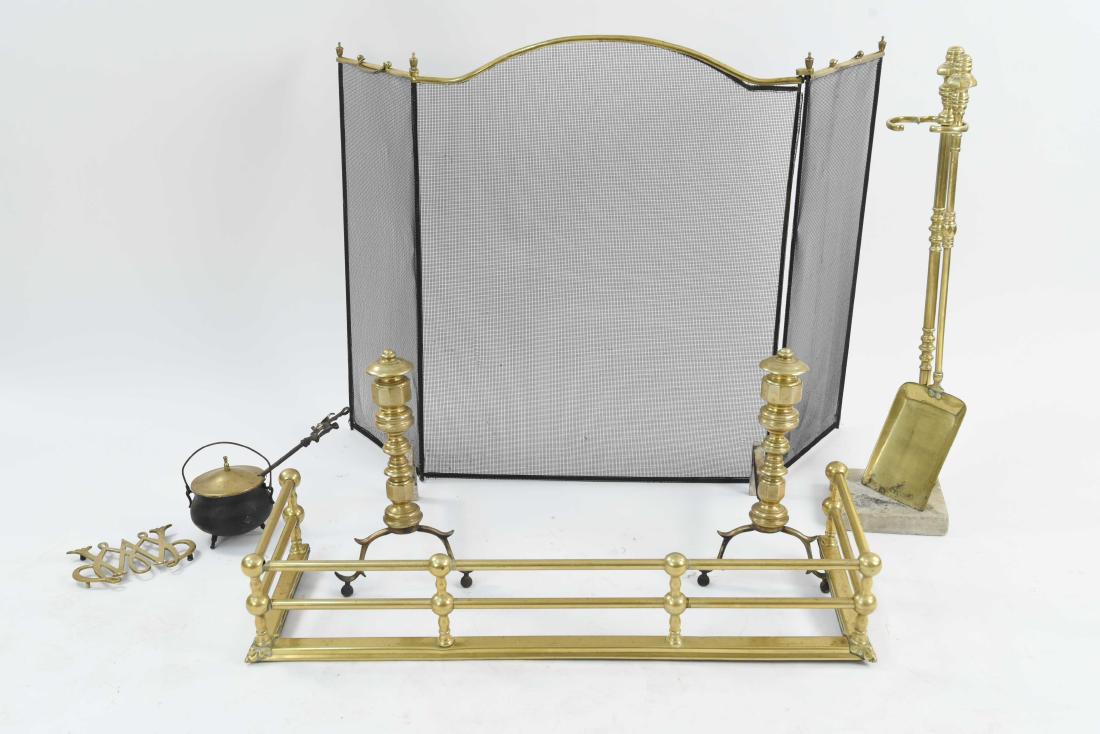 BRASS FIREPLACE SET ANDIRONS, FENDER, SCREEN, TOOL (1 of 13)