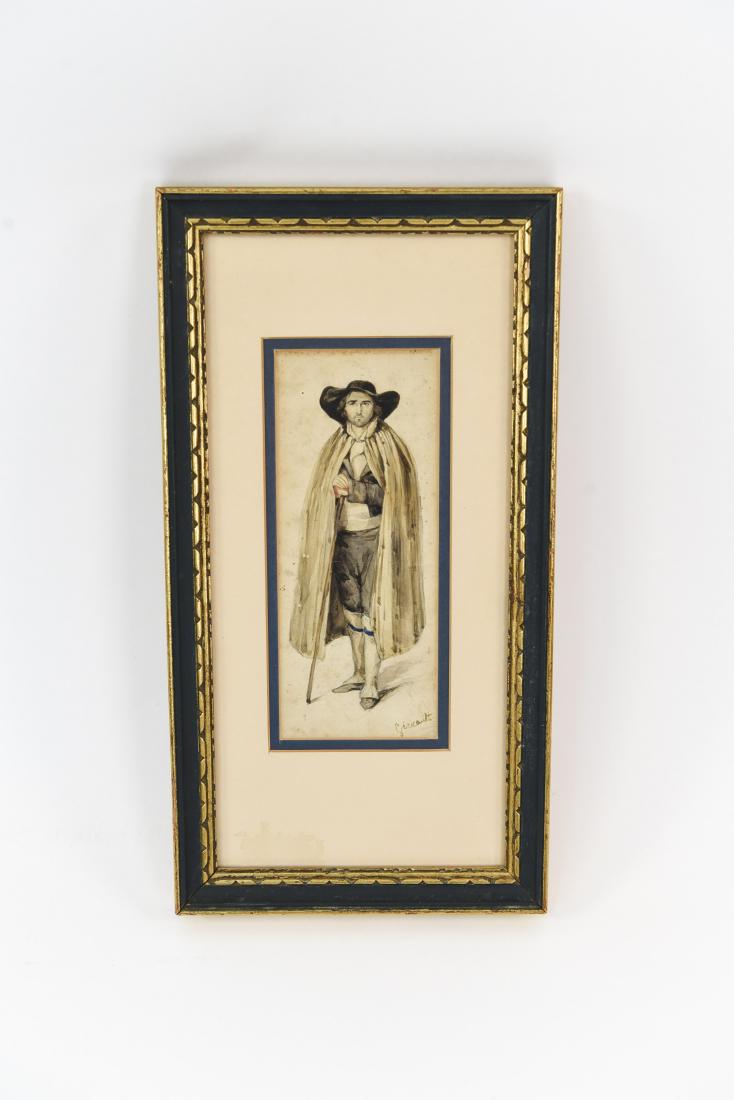 ATTR. THEODORE GERICAULT (FRENCH 1791-1824): Watercolor over pencil of Italian peasant. Bears signature. Dimensions: (Frame) H 14.75" x W 7.75", (Sight) H 8" x W 3" Condition: Paper with some age toning. Flattened crease through center.