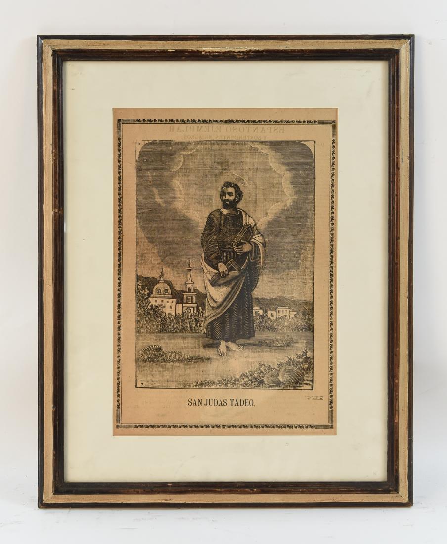 JOSE GUADALUPE POSADA ENGRAVING: San Judas Tabeo, Dated 1905. Dimensions: (Frame) H 21.75" x W 17.5", (Sight) H 15" x W 10.25" Condition: Age toned. Flattened horizontal fold across the center.