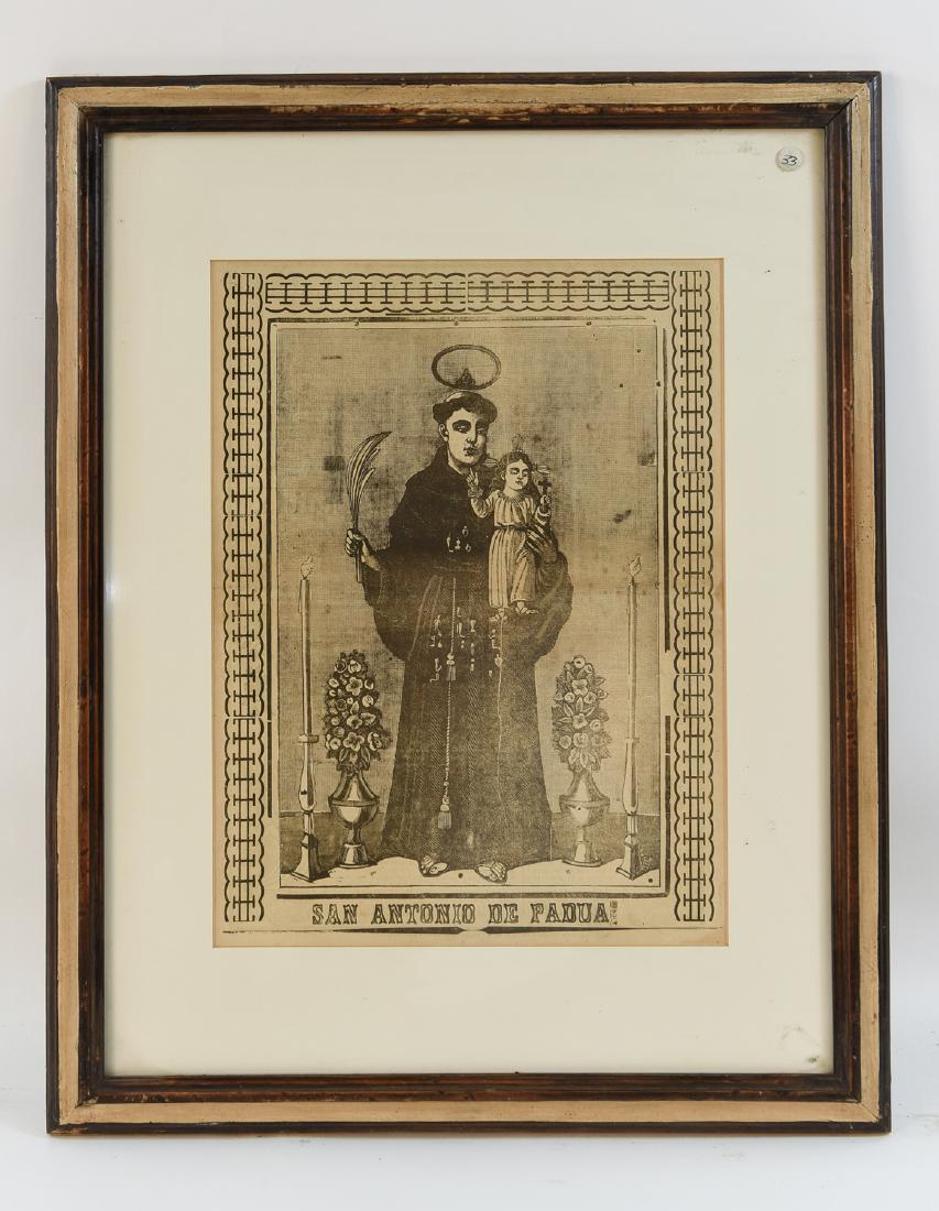 JOSE GUADALUPE POSADA ENGRAVING: Depicting San Antonio De Pudua. Dimensions: (Frame) H 21.75" x W 17.5", (Sight) H 14" x W 10.5" Condition: Lightly aged toned. Flattened horizontal fold across the center.