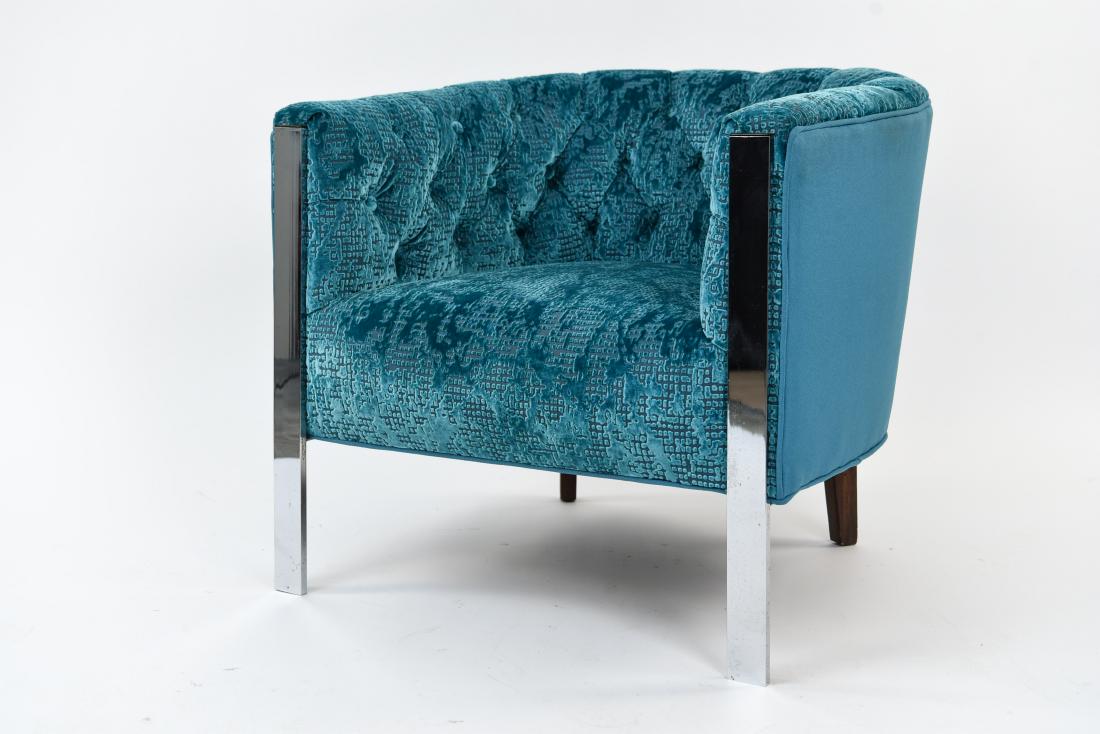 MID-CENTURY MODERN LOUNGE CHAIR MANNER OF MILO: Attributed to Directional Dimensions: H 27.5" x W 30.5" x D 30" Condition: Minor scuffs to chrome legs.
