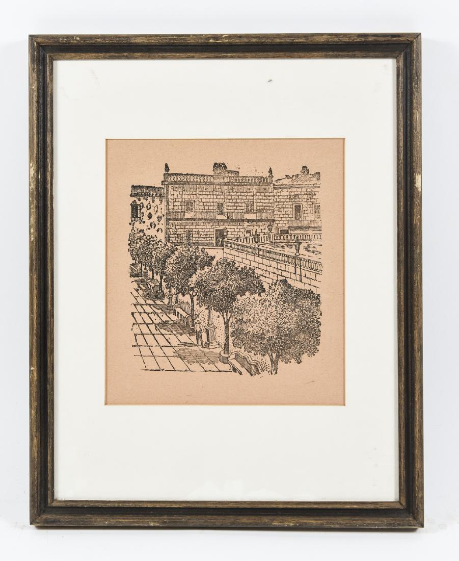 JOSE G. POSADA (MEXICO 1852-1913): "Plaza de San Juan de los Lagos Dibujo en Cinc, "Cinco grabdo". Relief etchings on tan newsprint paper. Dimensions: (Frame) H 15" x W 12" (Image) H 8" x W 7.25" Condition: Not examined out of the fram