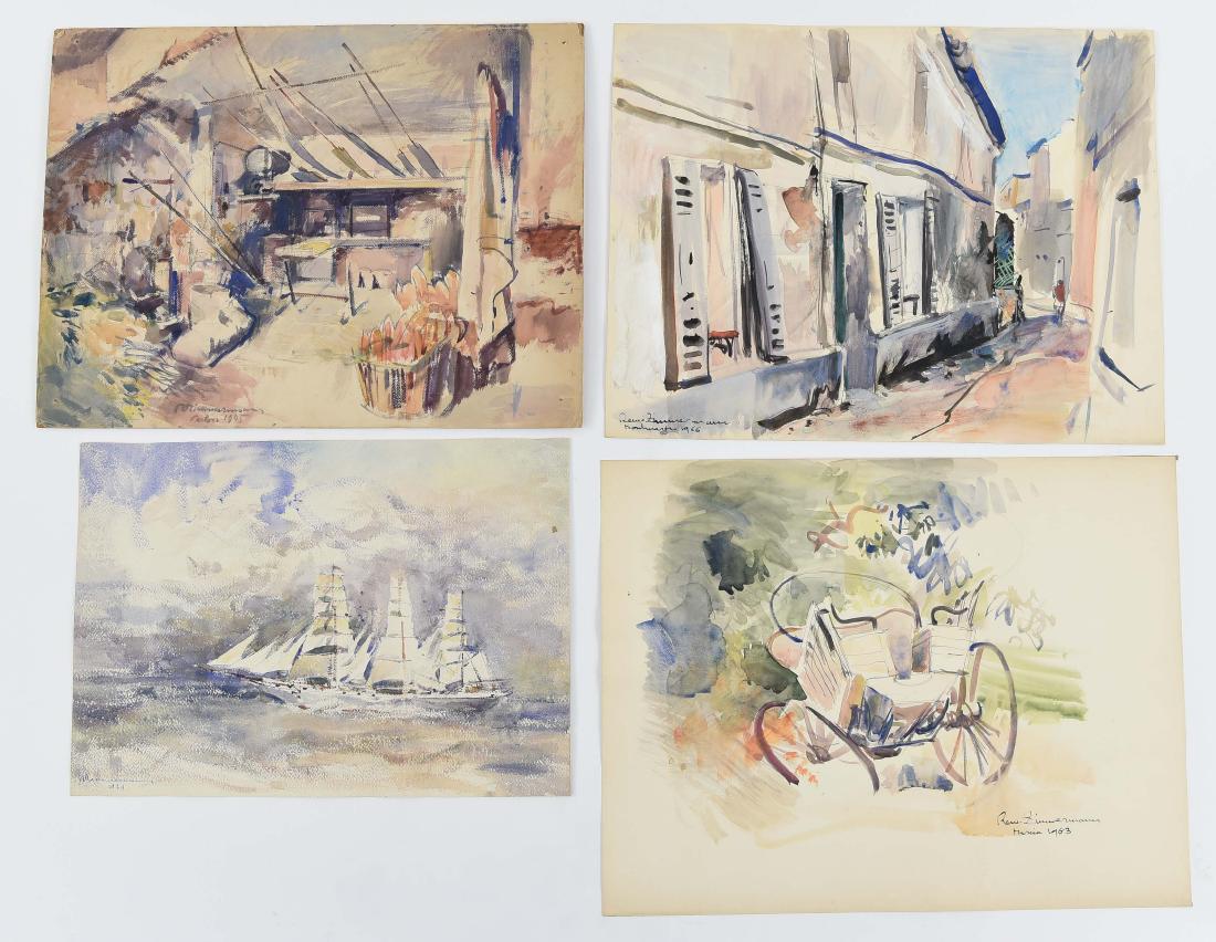 (4) RENE ZIMMERMAN (FRENCH 1904-1991) WATERCOLORS: All signed. Sailing ship 1939. Interior 1945. Cart 1963. Montmarte 1966. Dimensions: (Largest) H 19" x W 24.75" Condition: Varies. Some toning. 1945 laid on board.