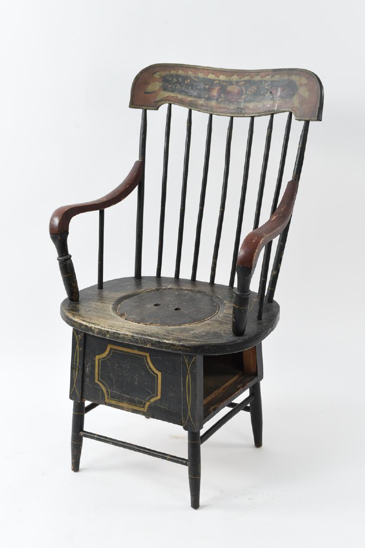 19TH C. PAINTED POTTY / COMMODE CHAIR: Dimensions: H 42.75" x W 24" x D 18" Condition: Moderate wear consistent with age and use. Finish wear and paint loss. Nicks, dings, and chips to wood. Backrest is loose and needs to be secured.