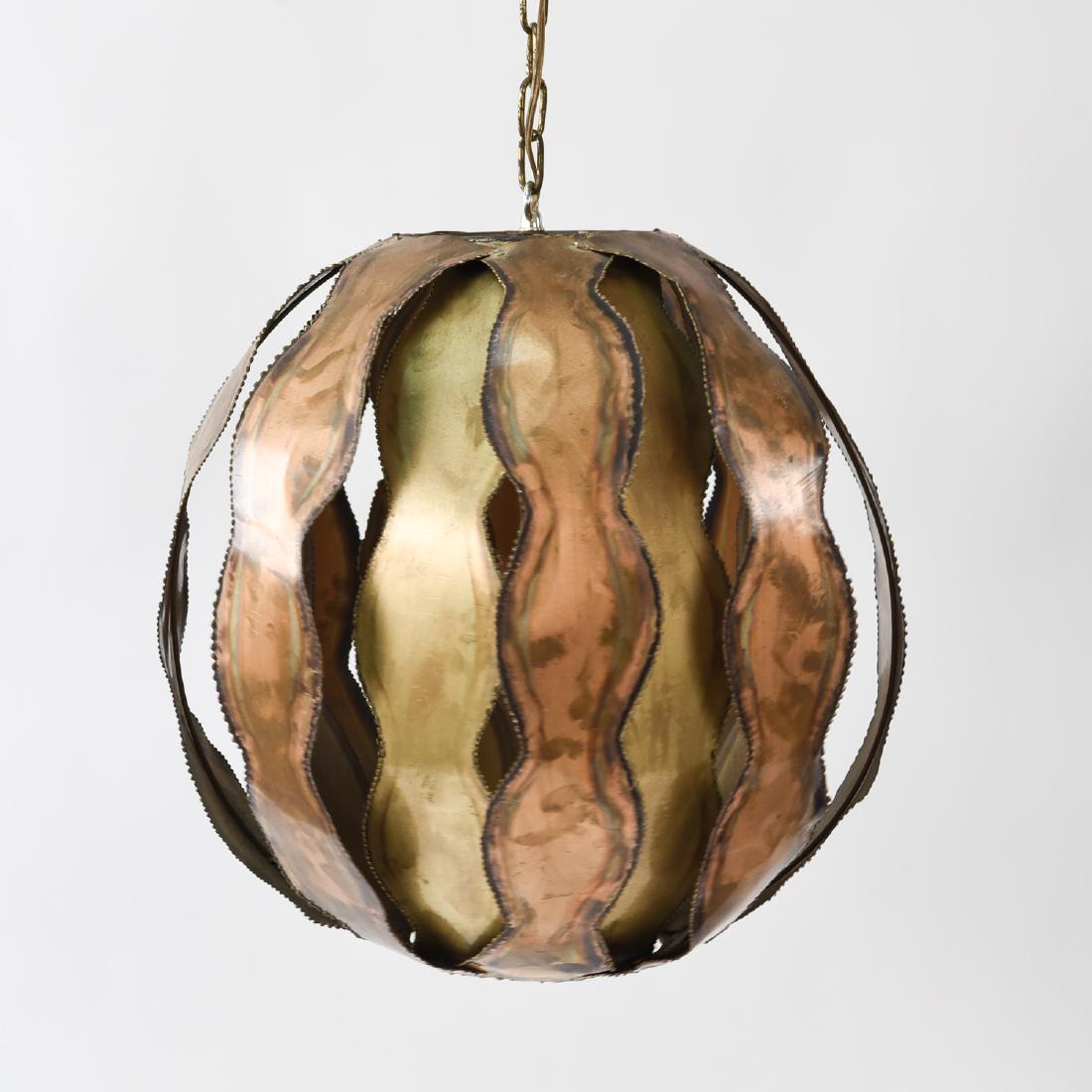 MID-CENTURY BRUTALIST METAL PENDANT LAMP: Dimensions: H 17.5" x DIA 17.5" Condition: Some bends and light marks to metal.