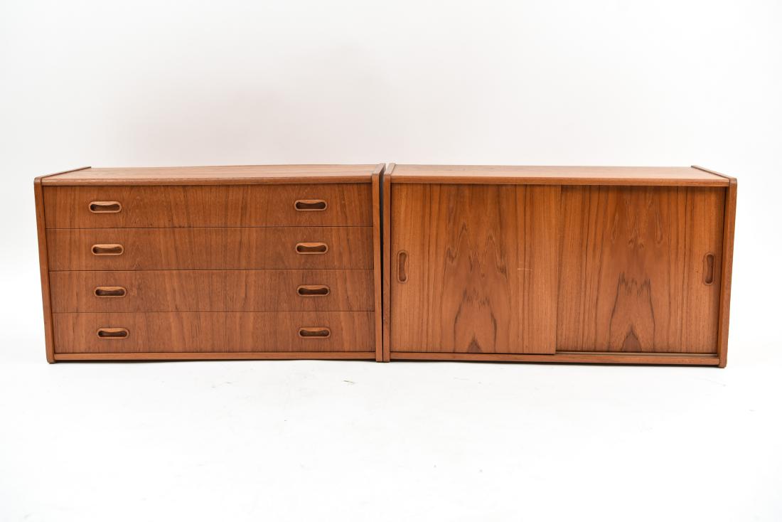 PAIR OF DANISH MID-CENTURY TEAK FLOATING CABINETS: Dimensions: (Each) H 17.5" x W 31.5" x D 14" Condition: Scratches to sides and front. Few chips to back corners. Warped to back panel. M616