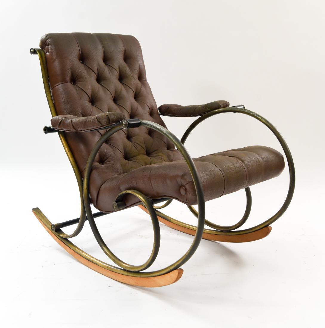 LEE WOODARD ROCKING CHAIR: Dimensions: H 37" x W 27" x D 39" Condition: Soiling and wear to upholstery. Tarnish, finish loss, and dings to metal.