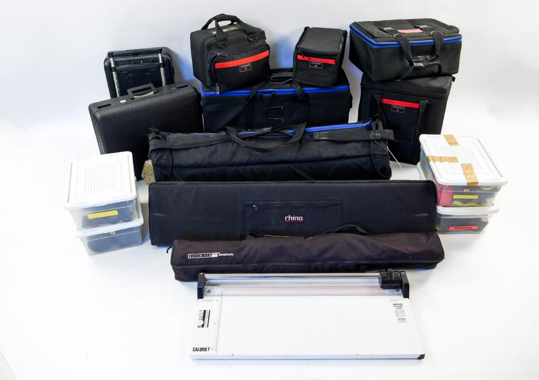 JOEL BRODSKY PERSONAL FUJI GX680 CAMERA & EQUIP: Includes 14 equipment bags, tripods, lenses, and much more from brands such as: Pentax, Canon, Fujinon, Tiffen, and more.Dimensions: H 12" x W 44" x D 16" (largest duffel bag)Condition: Wear consisten