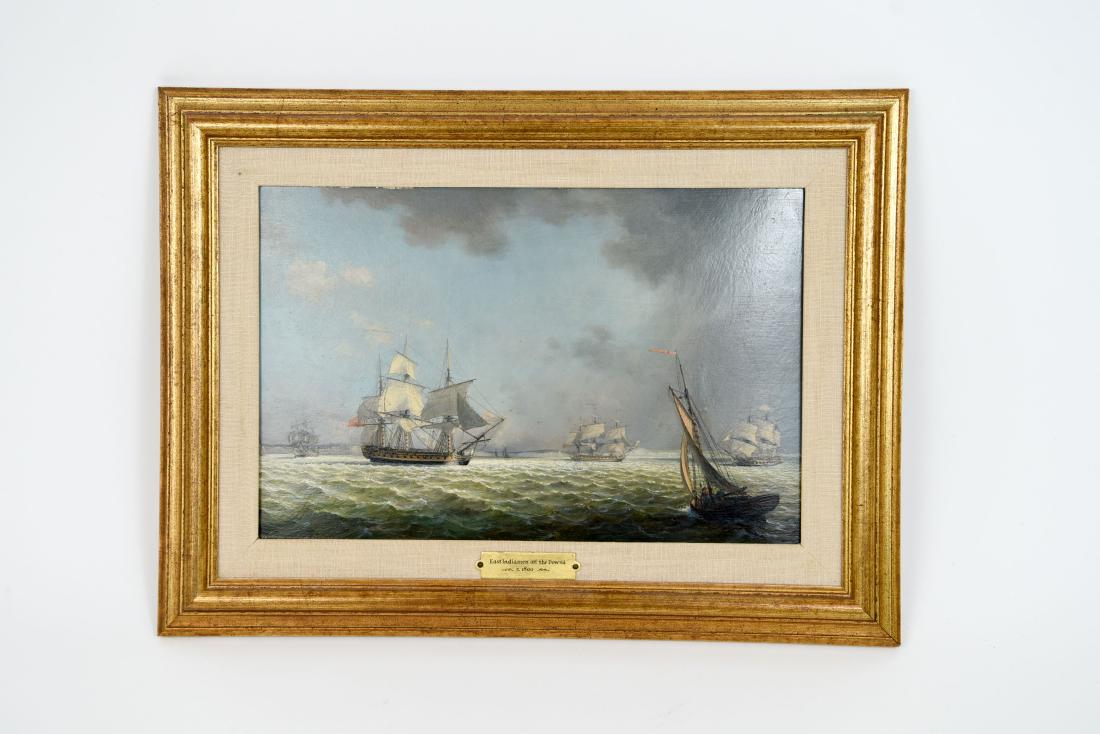SHIP PAINTING: Plaque reads: "Easy Indiamen off the Downs c. 1800." Signed under linen to lower left. Dimensions: (Frame) H 14.75" x W 19.5", (Sight) H 9.5" x W 14.5" Condition: No issues to note.