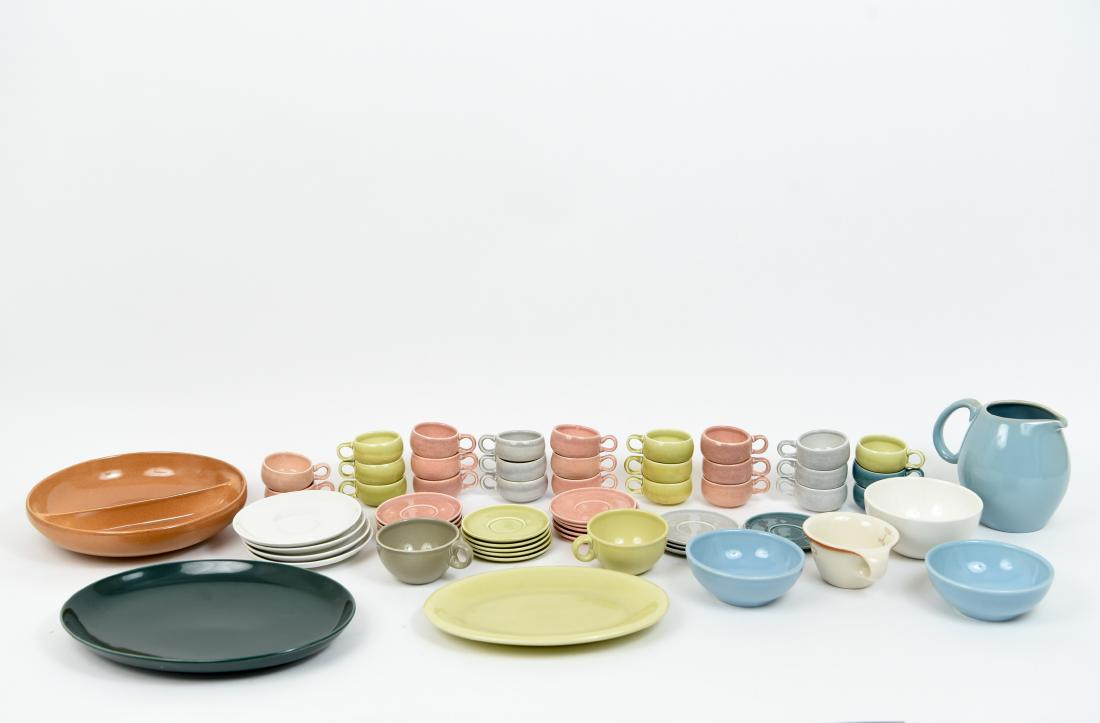 LARGE GROUPING OF RUSSEL WRIGHT CERAMICS: 58 pieces- Including American Modern, Iroquois, and Sterling China patterns Dimensions: (Platter) H 2.5" x DIA 10" Condition: No issues to note.