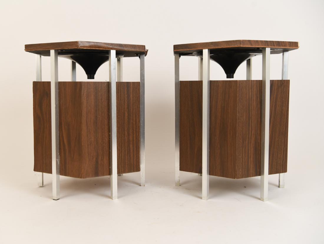 PAIR OF MID CENTURY HEXAGONAL AUDIO SPEAKERS: Dimensions: H 16" x W 14" x D 12.25" Condition: Not tested. Chips to veneer. Veneer peeling up at edges. Few surface scratches.