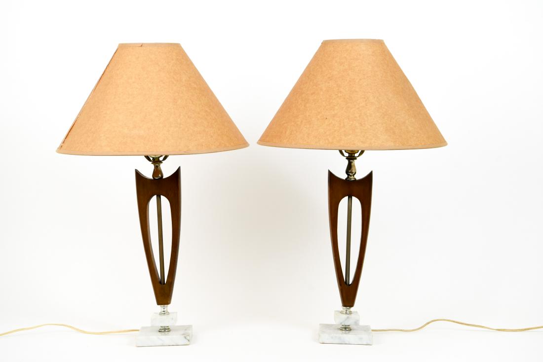 PAIR OF MID-CENTURY WOOD & MARBLE TABLE LAMPS (1 of 9)