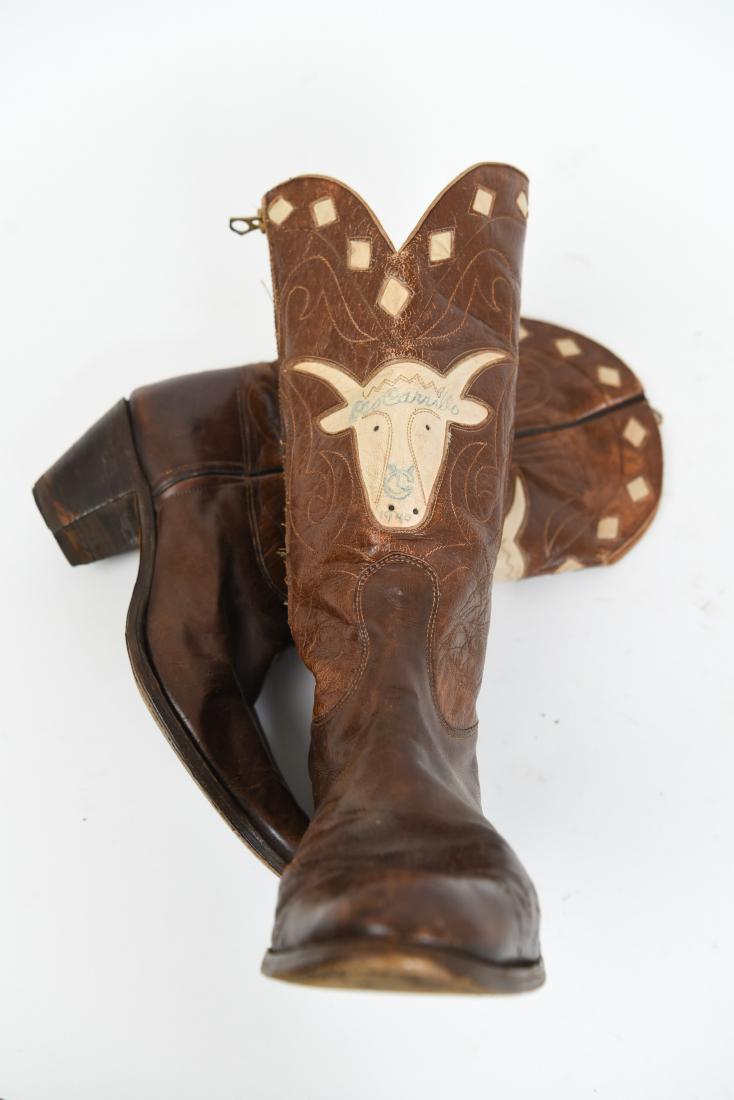 COWBOY BOOTS SIGNED BY LEO CARRILLO CISCO KID: “Cisco Kid” 1940. Dimensions: H 12.75" x W 10" x D 3.75" Condition: Boots showing signs of use.