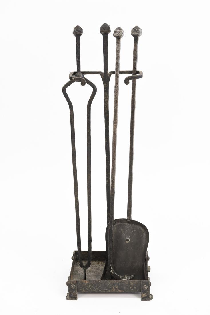 BRUTALIST FIREPLACE TOOL SET: Dimensions: (Stand) H 30.5" x W 10" x D 7.75" Condition: Metal is oxidized. Showing signs of age and use.