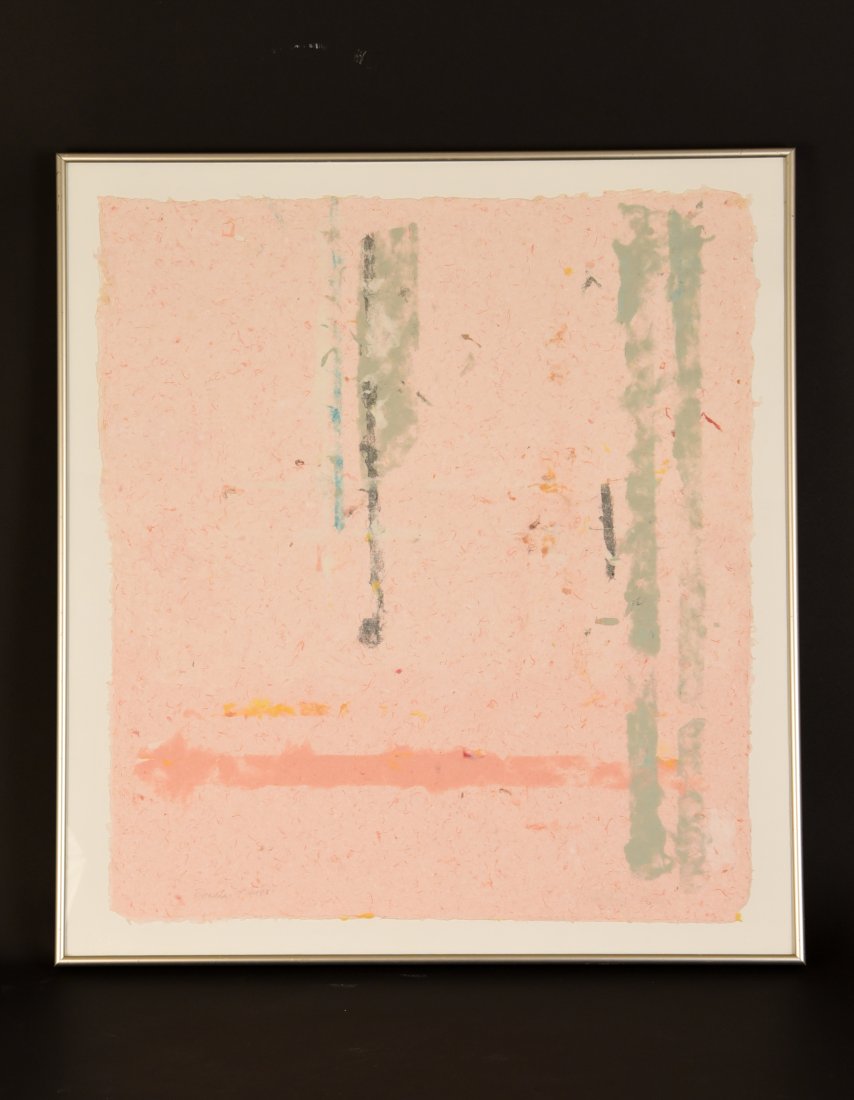 SOFIA HEALY ABSTRACT COLLAGE: Titled "Heroides XVIII" and dated 1988 to verso. With paper stating artist's information to verso. Signed S. Healy T-1988 to lower left on collage. Dimensions: (Frame) H 28" x w 25.5", (Artwork) H 25"