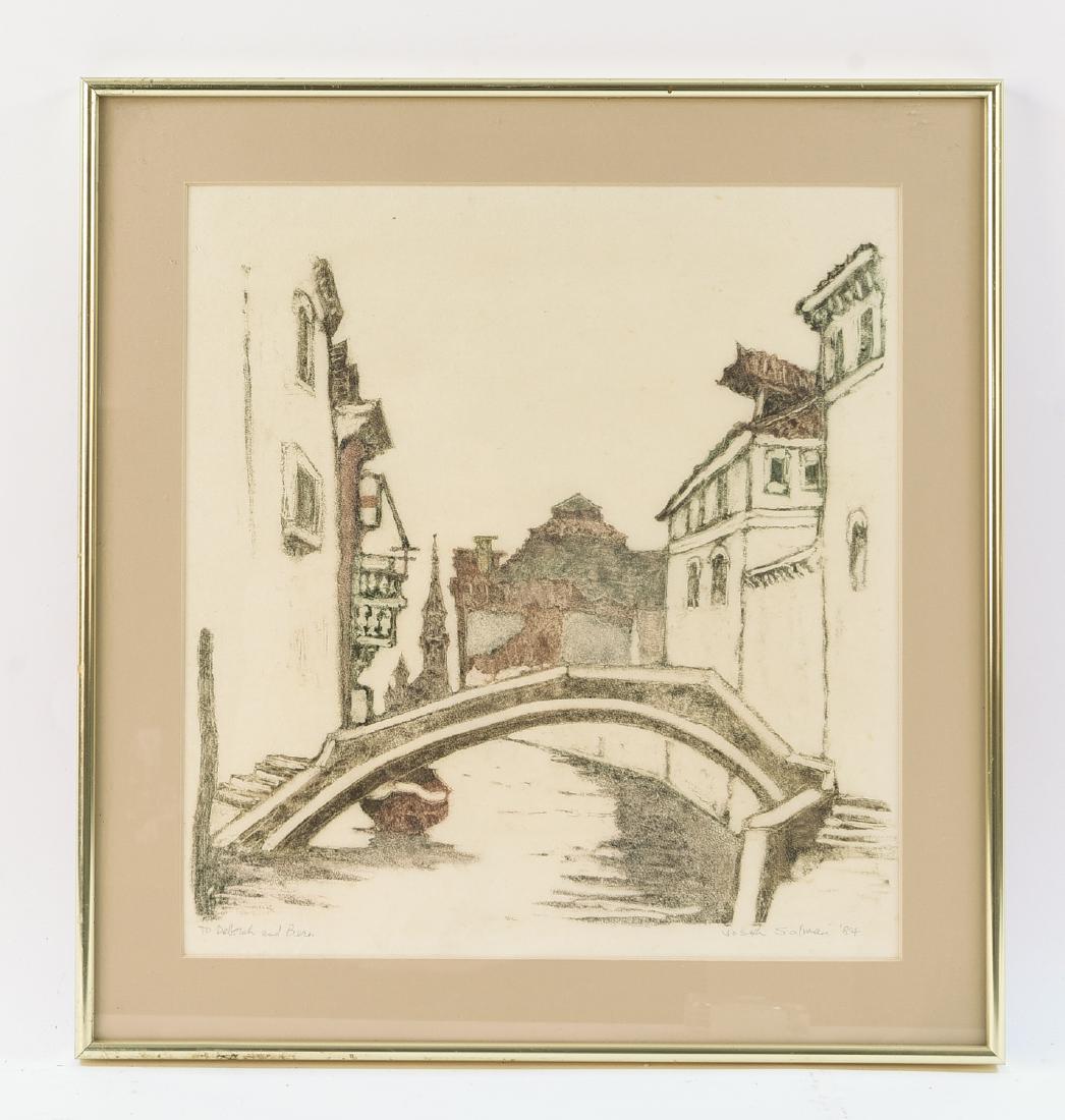 JOSEPH SOLMAN (RUSSIAN/AMERICAN 1909-2008): Color monotype of European town with river. Signed and dated lower right, 1984. Dedicated lower left. Dimensions: (Frame) H 16.25" x W 17.25", (Sight) H 12.5" x W 13.5" Condition: No issues to note.