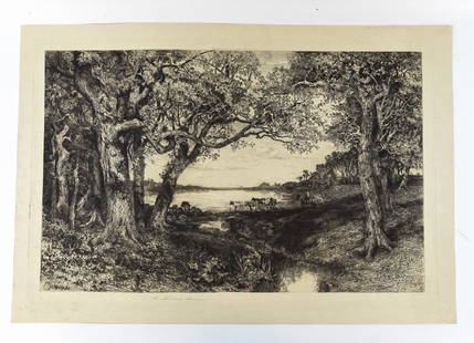 MARY NIMMO MORAN (AMERICAN 1842-1899): Etching of landscape with cows. Signed in plate and dated 1887. Also pencil signed in lower margin. Dimensions: (Sheet) H 24" x W 35.5" Condition: Very lightly age toned paper with handling marks in e