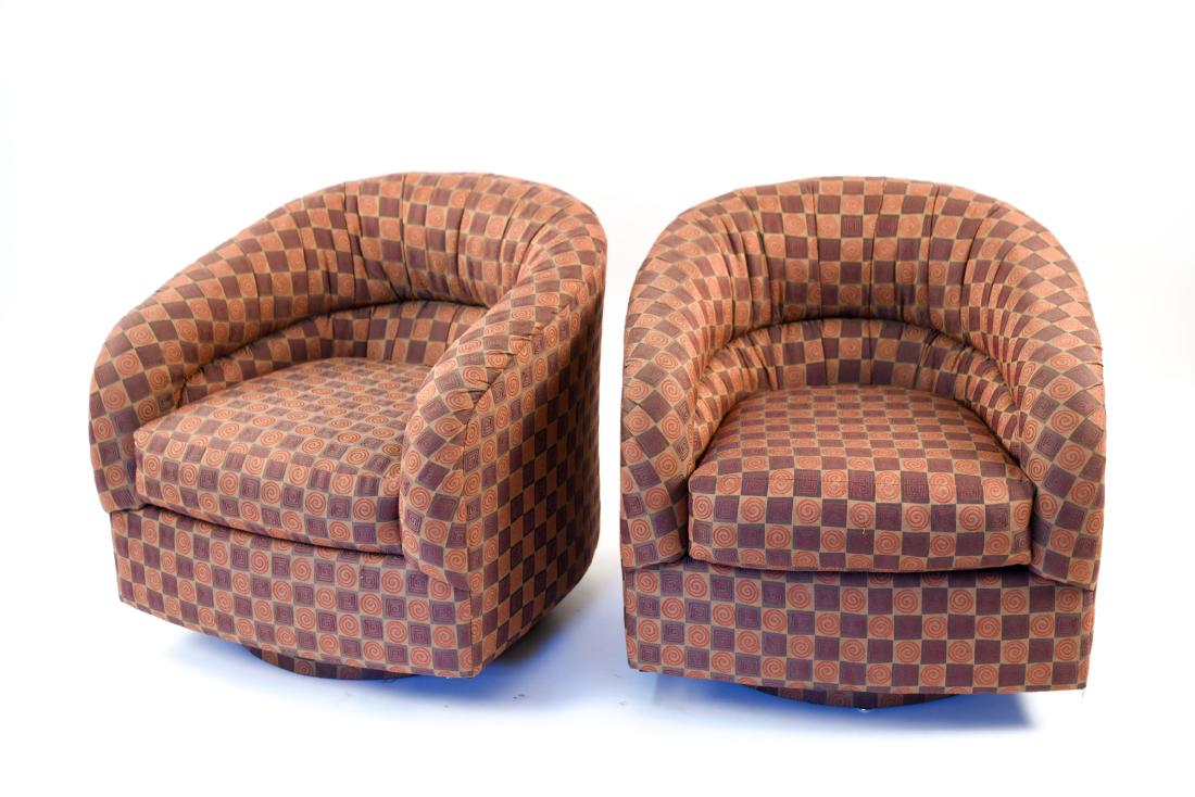 PAIR OF WARD BENNETT SWIVEL CLUB CHAIRS: Dimensions: H 27" x W 28.5" x D 29" Condition: Light fading to upholstery.