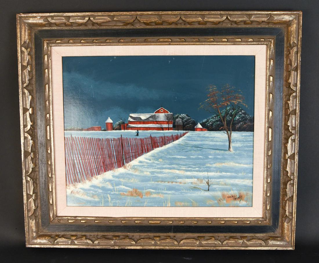 THOMAS KERRY (NEW YORK 20TH C.): Winter scene. Oil on board. Signed lower right. Dimensions: (Frame) H 24" x W 28", (Sight) H 16" x W 20" Condition: A few surfaces scratches in sky.