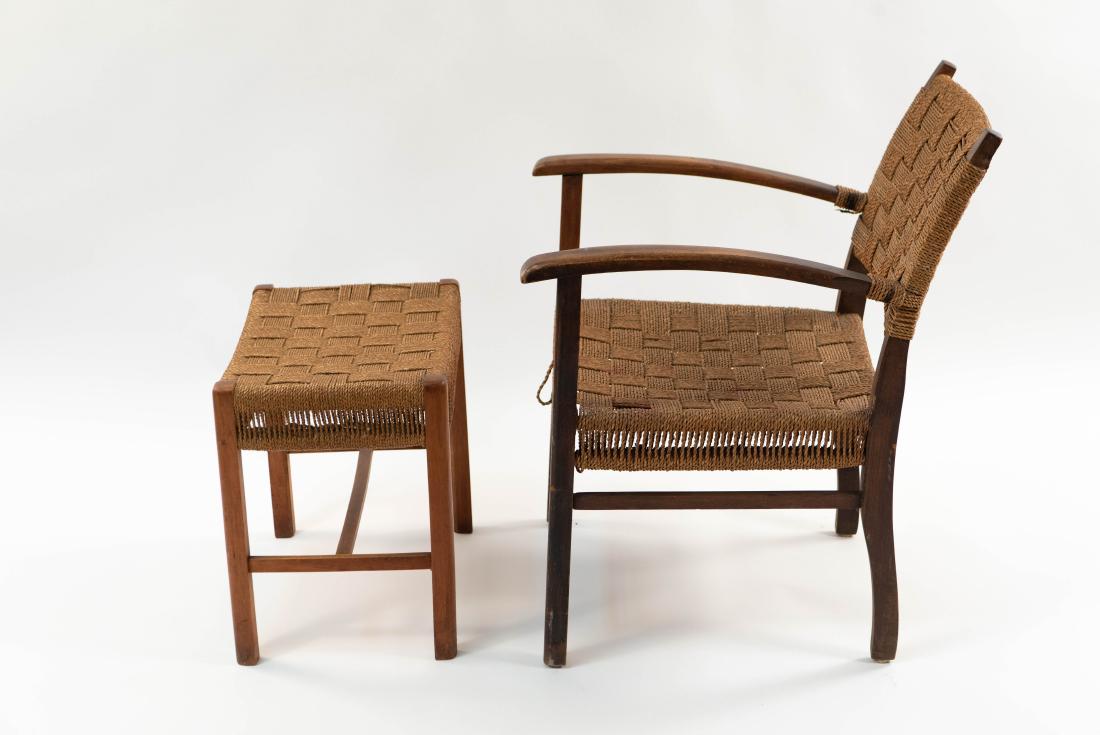 DANISH PAPERCORD ARM CHAIR AND OTTOMAN: Manner of Fritz Hansen Dimensions: (Chair) H 32.75" x W 19.5" x D 26" Condition: Finish wear and staining. Wear consistent with age and use.