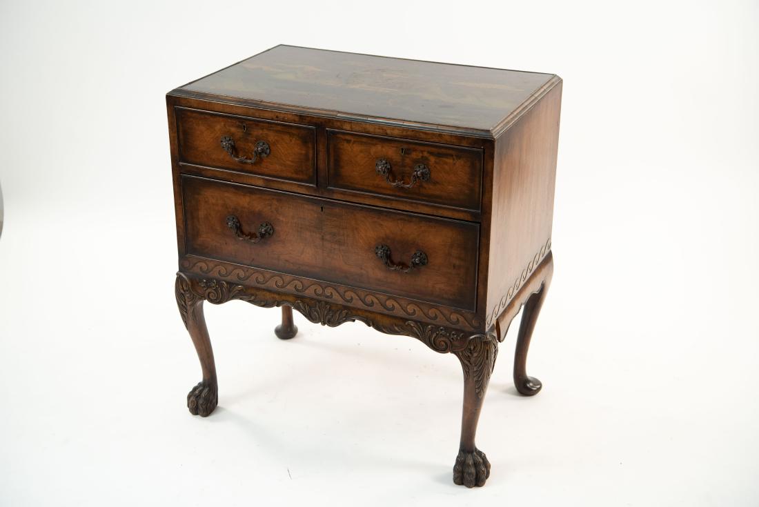 CHEST OF DRAWERS W/ CHINOISERIE PAINTING: Dimensions: H 33.75" x W 31" x D 20.5" Condition: Losses to trim. Finish wear. Few small chips. Craquelure to top. Wear consistent with age and use.