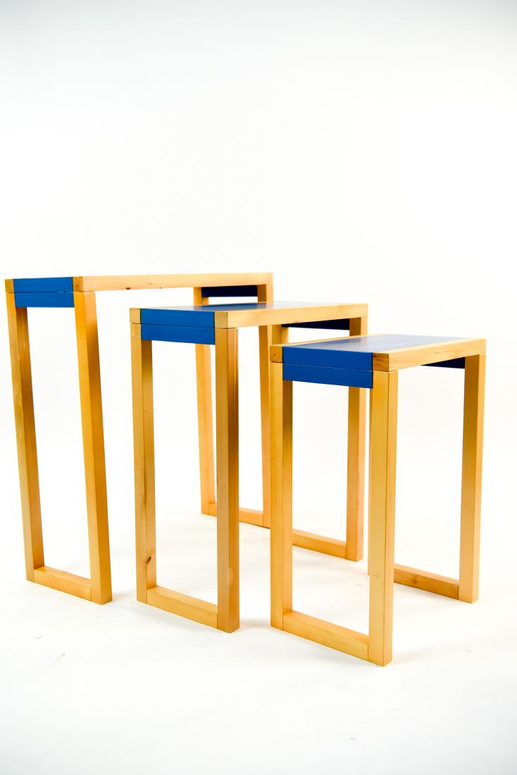 SET OF (3) NESTING TABLES: Dimensions: (Largest) H 32" x W 30" x D 12" Condition: Wear consistent with age and use. Some finish wear, few nicks and dings to edges. Light surface scratches.