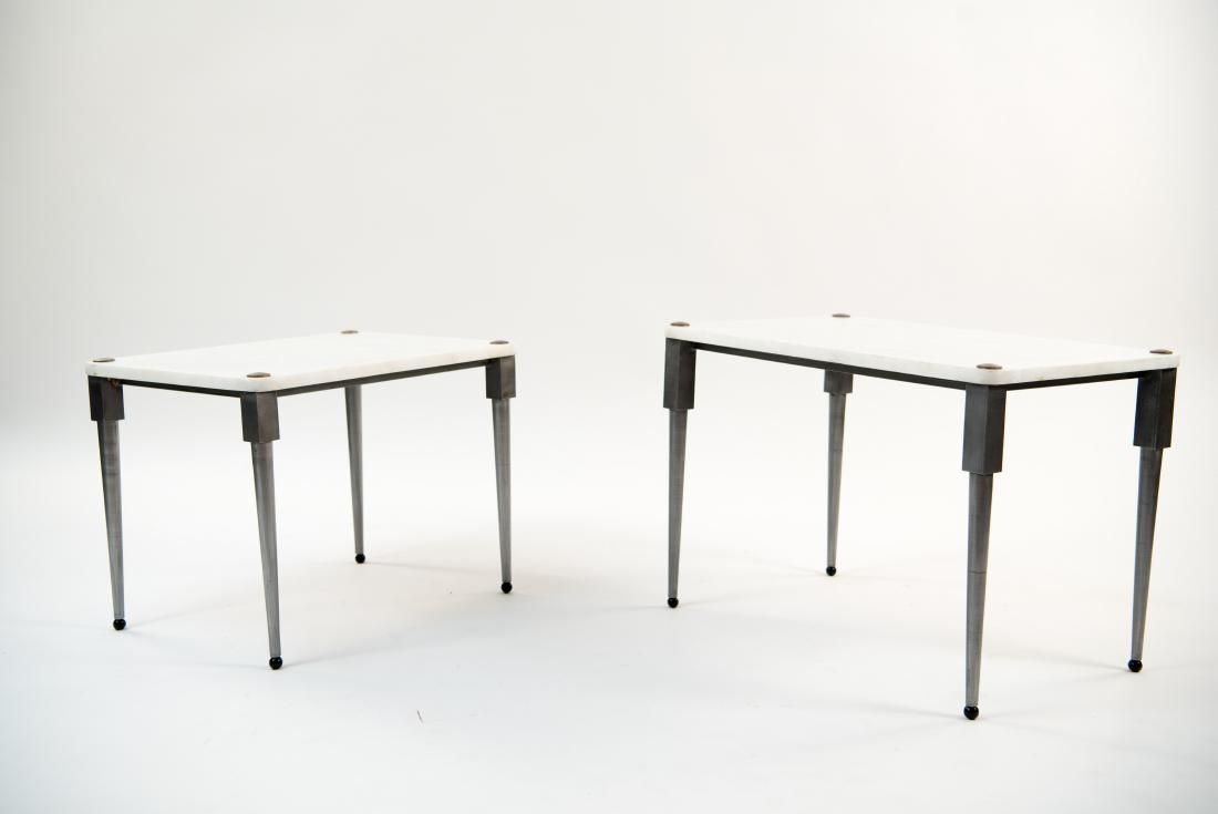 POLISHED STEEL AND MARBLE NESTING TABLES: Dimensions: (Larger) H 18" x W 25.5" x D 16" Condition: Few small chips and repairs to marble. Surface scratches. Wear consistent with age and use.