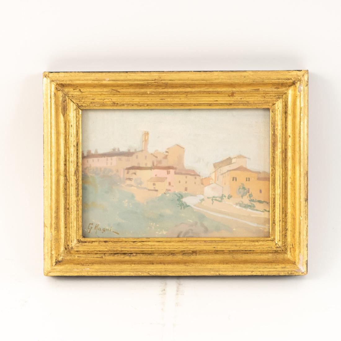 GIUSEPPE MAGNI (ITALIAN 1869 - 1956): Gouache of an Italian hillside village. Signed lower Dimensions: (Frame) H 7.5" x W 9.75", (Sight) H 4.75" x W 7" Condition: No issues to note.